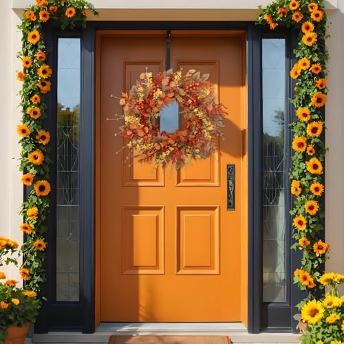 22 inch Artificial Fall Wreaths for Front Door, Autumn Wreath with Large red Berries and Fall Leaves Suitable, alternate view