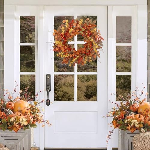 22 inch Artificial Fall Wreaths for Front Door, Autumn Wreath with Large red Berries and Fall Leaves Suitable, alternate view