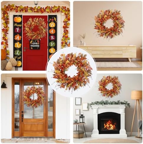 22 inch Artificial Fall Wreaths for Front Door, Autumn Wreath with Large red Berries and Fall Leaves Suitable, alternate view