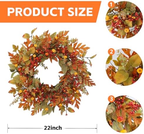 22 inch Artificial Fall Wreaths for Front Door, Autumn Wreath with Pumpkin and red Berries Suitable for Indoor, alternate