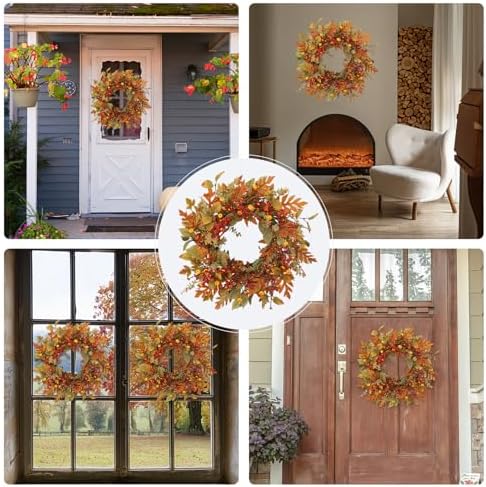 22 inch Artificial Fall Wreaths for Front Door, Autumn Wreath with Pumpkin and red Berries Suitable for Indoor, alternate