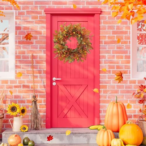 22 inch Artificial Fall Wreaths for Front Door, Autumn Wreath with Pumpkin and red Berries Suitable for Indoor, alternate
