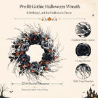 22 Inch Black and Silver Halloween Wreath with 40 Orange LEDs in 22"-dark Flowers, alternate view 2