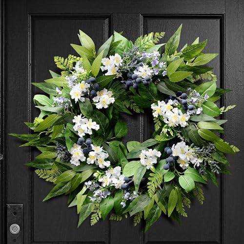 22 Inch Blueberry Spring Summer Wreath for Front Door - Navy Blue Wreath in Blue, Green, Multicolored