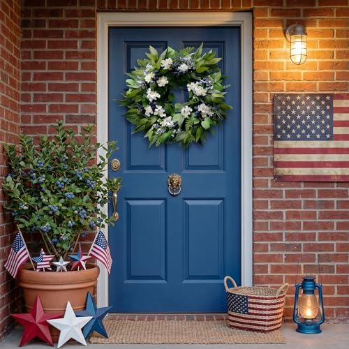 22 Inch Blueberry Spring Summer Wreath for Front Door - Navy Blue Wreath in Blue, Green, Multicolored, alternate view 3