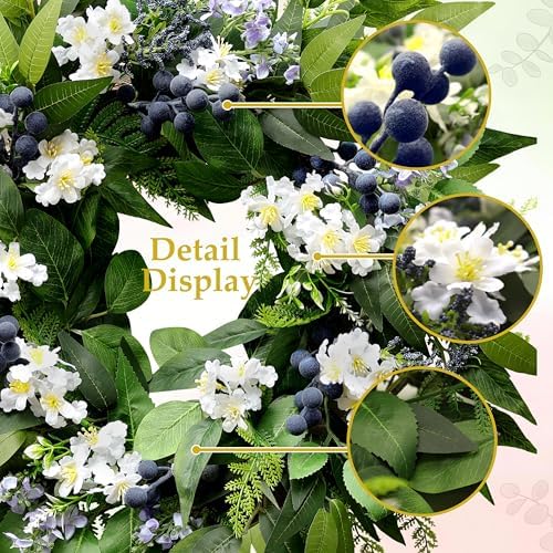 22 Inch Blueberry Spring Summer Wreath for Front Door - Navy Blue Wreath in Blue, Green, Multicolored, alternate view 4