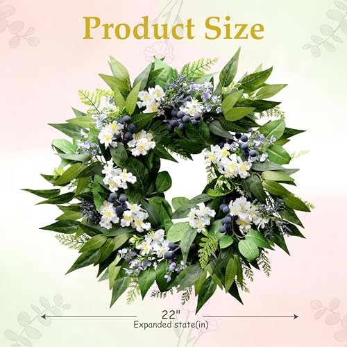 22 Inch Blueberry Spring Summer Wreath for Front Door - Navy Blue Wreath in Blue, Green, Multicolored, alternate view 6