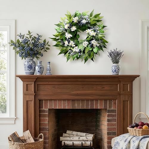 22 Inch Blueberry Spring Summer Wreath for Front Door - Navy Blue Wreath in Blue, Green, Multicolored, alternate view 7
