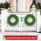 22 Inch Boxwood Wreath for Front Door Realistic with Welcome Sign Faux Easter Green Preserved Boxwood Wreaths, alternate view