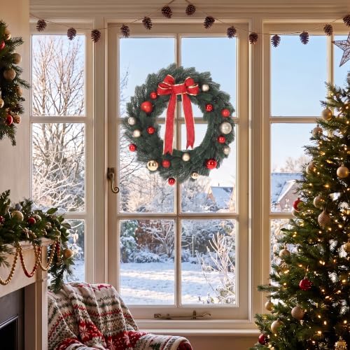 22 Inch Christmas Wreath, Red Bow and Balls, Front Door Decor, alternate view 2