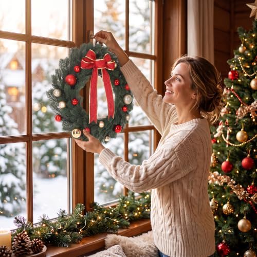 22 Inch Christmas Wreath, Red Bow and Balls, Front Door Decor, alternate view 3