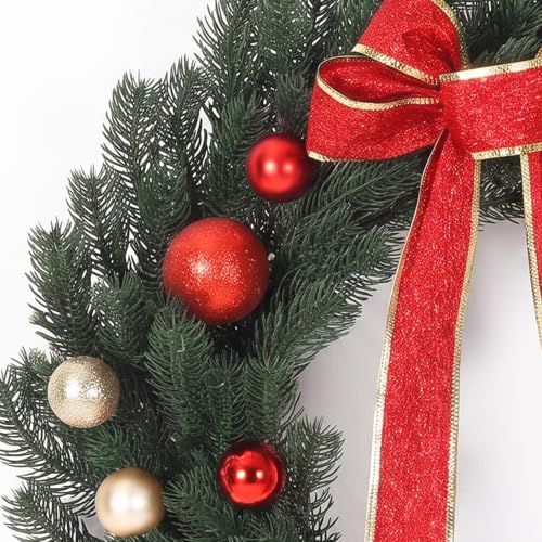 22 Inch Christmas Wreath, Red Bow and Balls, Front Door Decor, alternate view 6