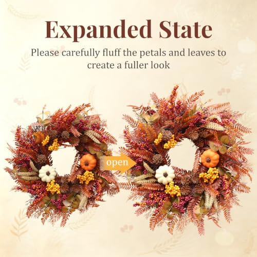 22 Inch Eucalyptus Fall Wreath for Front Door with Mixed Berry and Pumpkins in Multicolor, alternate view 4