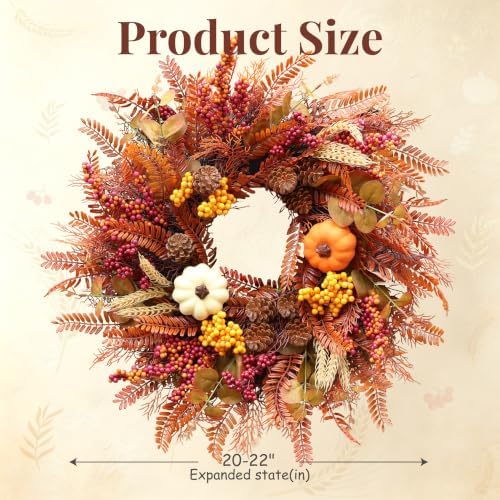 22 Inch Eucalyptus Fall Wreath for Front Door with Mixed Berry and Pumpkins in Multicolor, alternate view 5