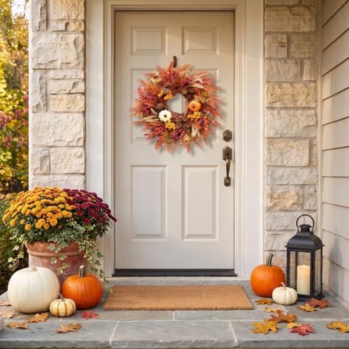 22 Inch Eucalyptus Fall Wreath for Front Door with Mixed Berry and Pumpkins in Multicolor, alternate view 6
