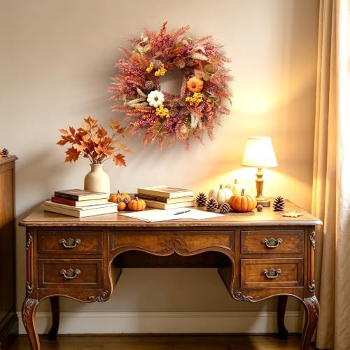 22 Inch Eucalyptus Fall Wreath for Front Door with Mixed Berry and Pumpkins in Multicolor, alternate view 7