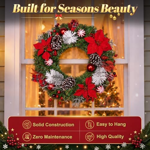 22 Inch Fake Christmas Wreath for Front Door with Cones & Balls, alternate view 3