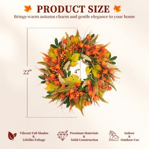 22 Inch Fall Harvest Wreath for Front Door with Lantern Flowers, alternate view 2
