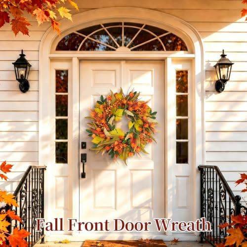 22 Inch Fall Harvest Wreath for Front Door with Lantern Flowers, alternate view 4
