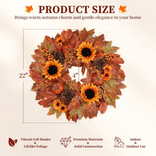 22 Inch Fall Wreath for Front Door with Sunflowers & Pumpkins, alternate view 2