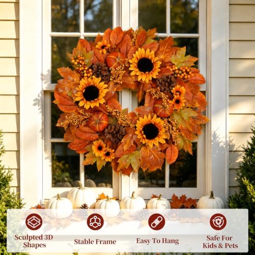 22 Inch Fall Wreath for Front Door with Sunflowers & Pumpkins, alternate view 3