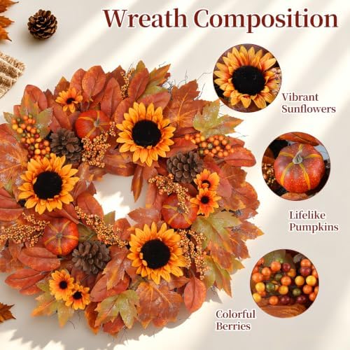 22 Inch Fall Wreath for Front Door with Sunflowers & Pumpkins, alternate view 4