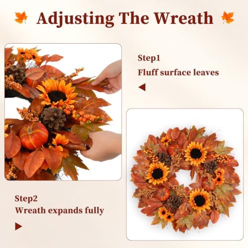 22 Inch Fall Wreath for Front Door with Sunflowers & Pumpkins, alternate view 6