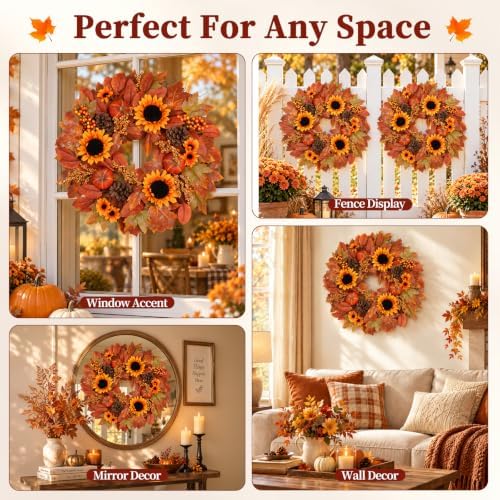22 Inch Fall Wreath for Front Door with Sunflowers & Pumpkins, alternate view 7