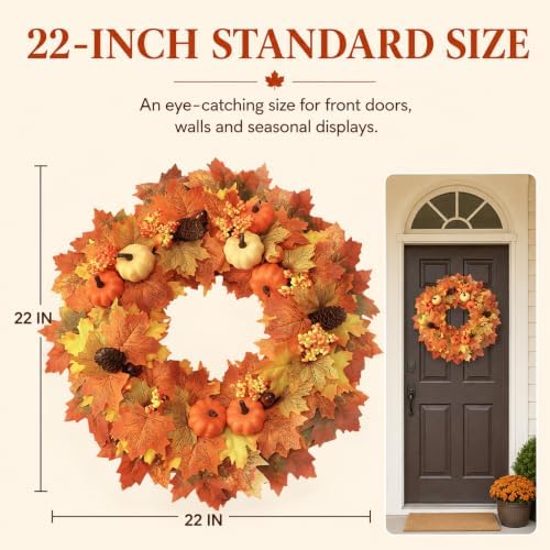 22 Inch Fall Wreaths for Front Door with Artificial Maple Leaf in Yellow, alternate view 4