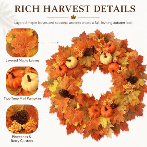 22 Inch Fall Wreaths for Front Door with Artificial Maple Leaf in Yellow, alternate view 5