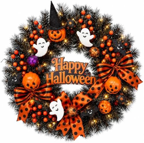 22 Inch Halloween Wreath for Front Door with Light Pumpkin Ghost Decor in Halloween Wreaths