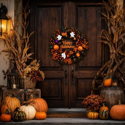 22 Inch Halloween Wreath for Front Door with Light Pumpkin Ghost Decor in Halloween Wreaths, alternate view 2