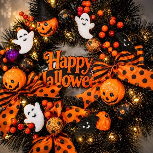 22 Inch Halloween Wreath for Front Door with Light Pumpkin Ghost Decor in Halloween Wreaths, alternate view 5