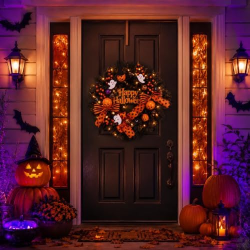 22 Inch Halloween Wreath for Front Door with Light Pumpkin Ghost Decor in Halloween Wreaths, alternate view 7