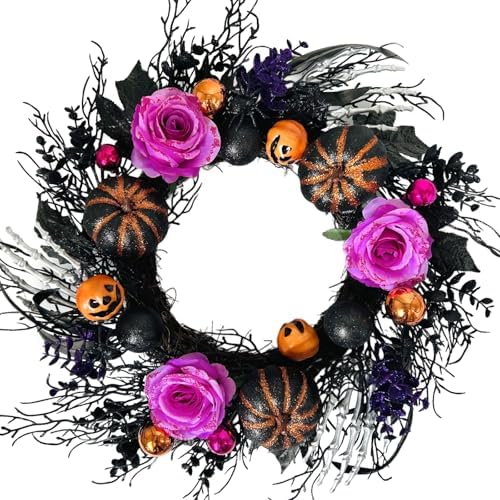 22 Inch Halloween Wreaths for Front Door Artificial Black Welcome Wreath with Pumpink Rose Skeleton Hand Indoor