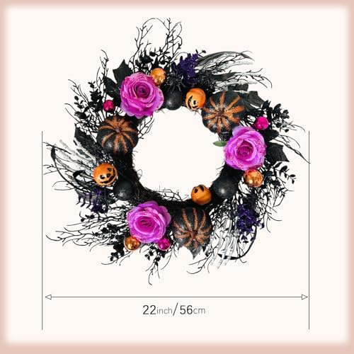 22 Inch Halloween Wreaths for Front Door Artificial Black Welcome Wreath with Pumpink Rose Skeleton Hand Indoor, alternate