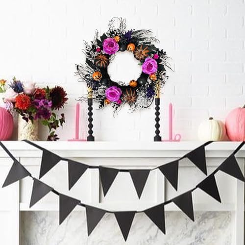 22 Inch Halloween Wreaths for Front Door Artificial Black Welcome Wreath with Pumpink Rose Skeleton Hand Indoor, alternate