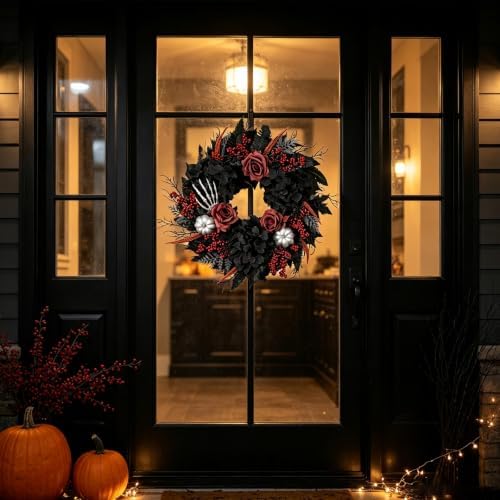 22 Inch Halloween Wreaths for Front Door Gothic Black Fall Wreath in Black, alternate view 5