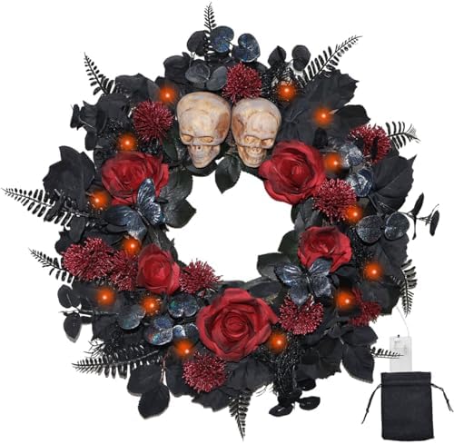 22 Inch Lighted Halloween Wreath with 40 Orange LEDs and 2 Skulls in 22"-black Red