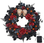 22 Inch Lighted Halloween Wreath with 40 Orange LEDs and 2 Skulls in 22"-black Red