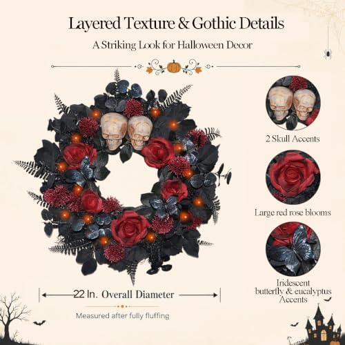 22 Inch Lighted Halloween Wreath with 40 Orange LEDs and 2 Skulls in 22"-black Red, alternate view 2