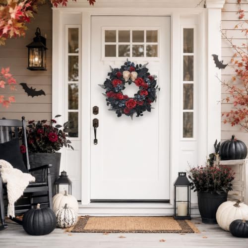 22 Inch Lighted Halloween Wreath with 40 Orange LEDs and 2 Skulls in 22"-black Red, alternate view 3