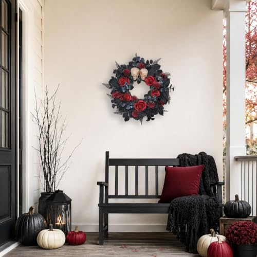 22 Inch Lighted Halloween Wreath with 40 Orange LEDs and 2 Skulls in 22"-black Red, alternate view 4