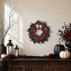 22 Inch Lighted Halloween Wreath with 40 Orange LEDs and 2 Skulls in 22"-black Red, alternate view 5