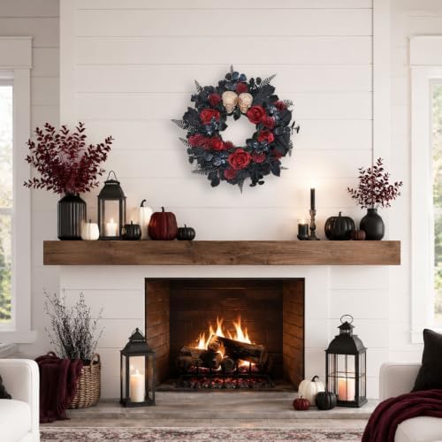 22 Inch Lighted Halloween Wreath with 40 Orange LEDs and 2 Skulls in 22"-black Red, alternate view 6