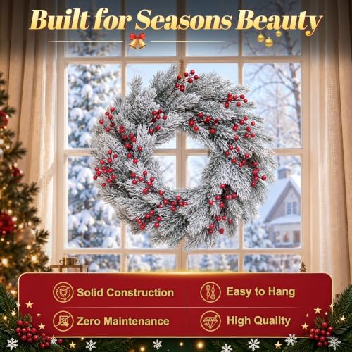 22 Inch Snow-Flocked Artificial Christmas Wreath for Front Door, alternate view 2