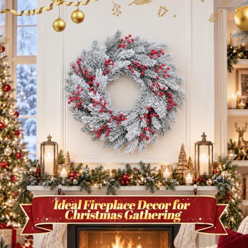 22 Inch Snow-Flocked Artificial Christmas Wreath for Front Door, alternate view 4