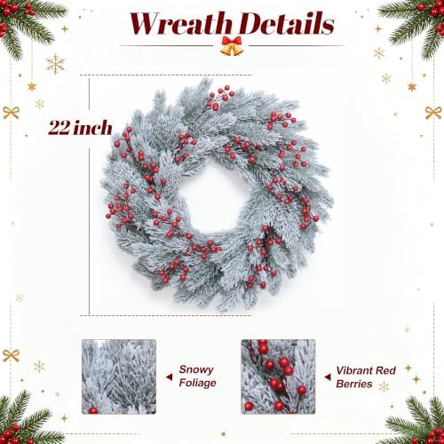 22 Inch Snow-Flocked Artificial Christmas Wreath for Front Door, alternate view 5