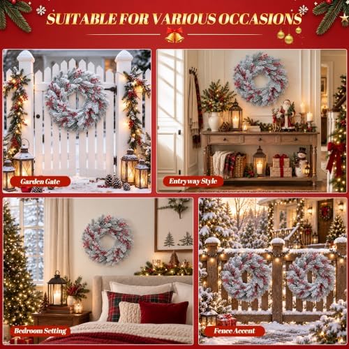22 Inch Snow-Flocked Artificial Christmas Wreath for Front Door, alternate view 6
