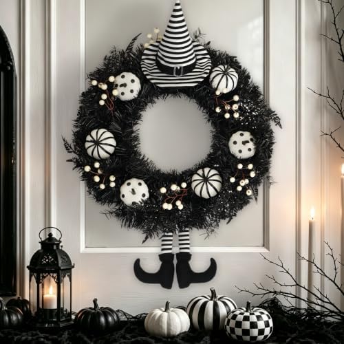 22" Spooky Halloween Wreath for Front Door with Witch Hat & Legs